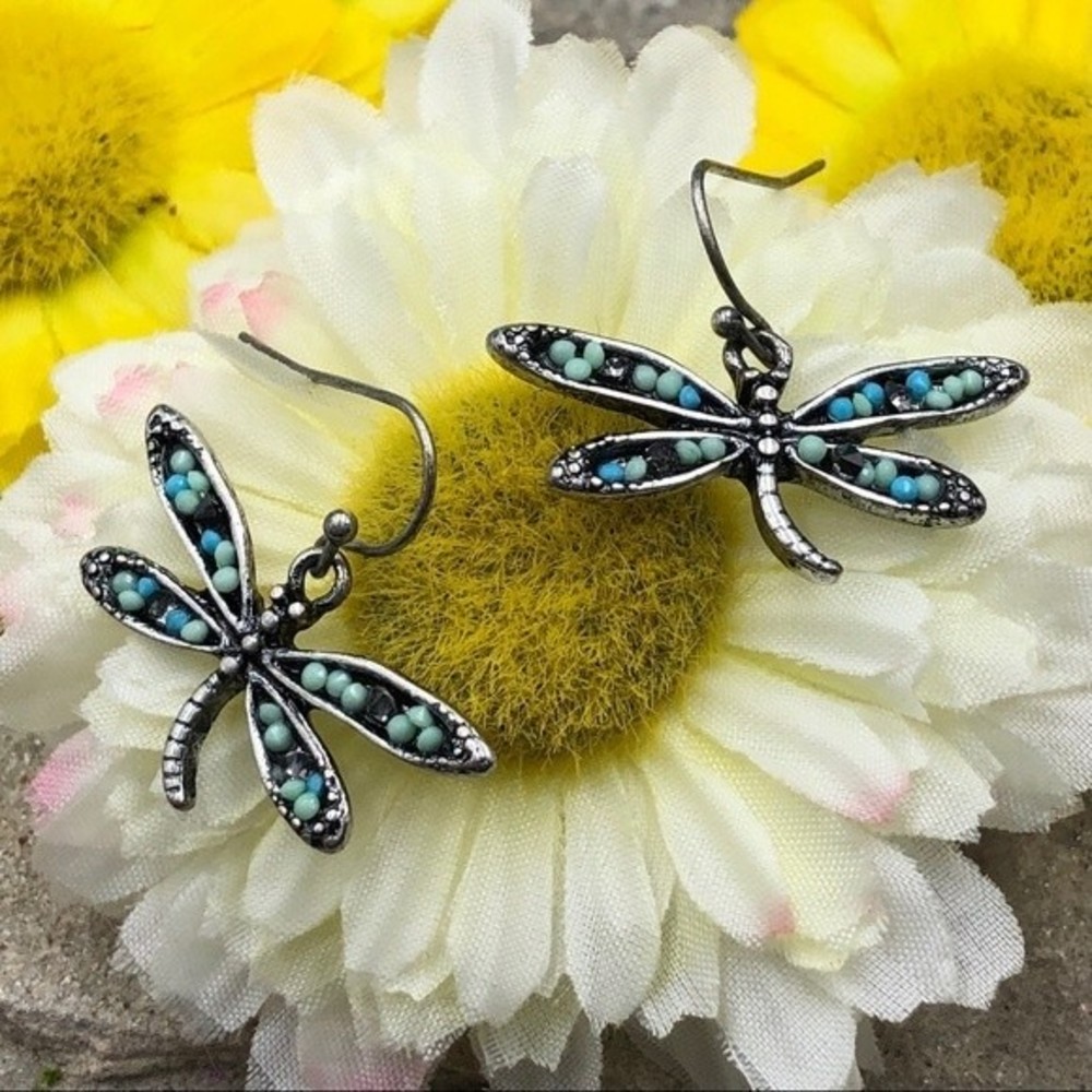 🌼 Bead Inlay Silver Tone Dragonfly Dangle Earrings